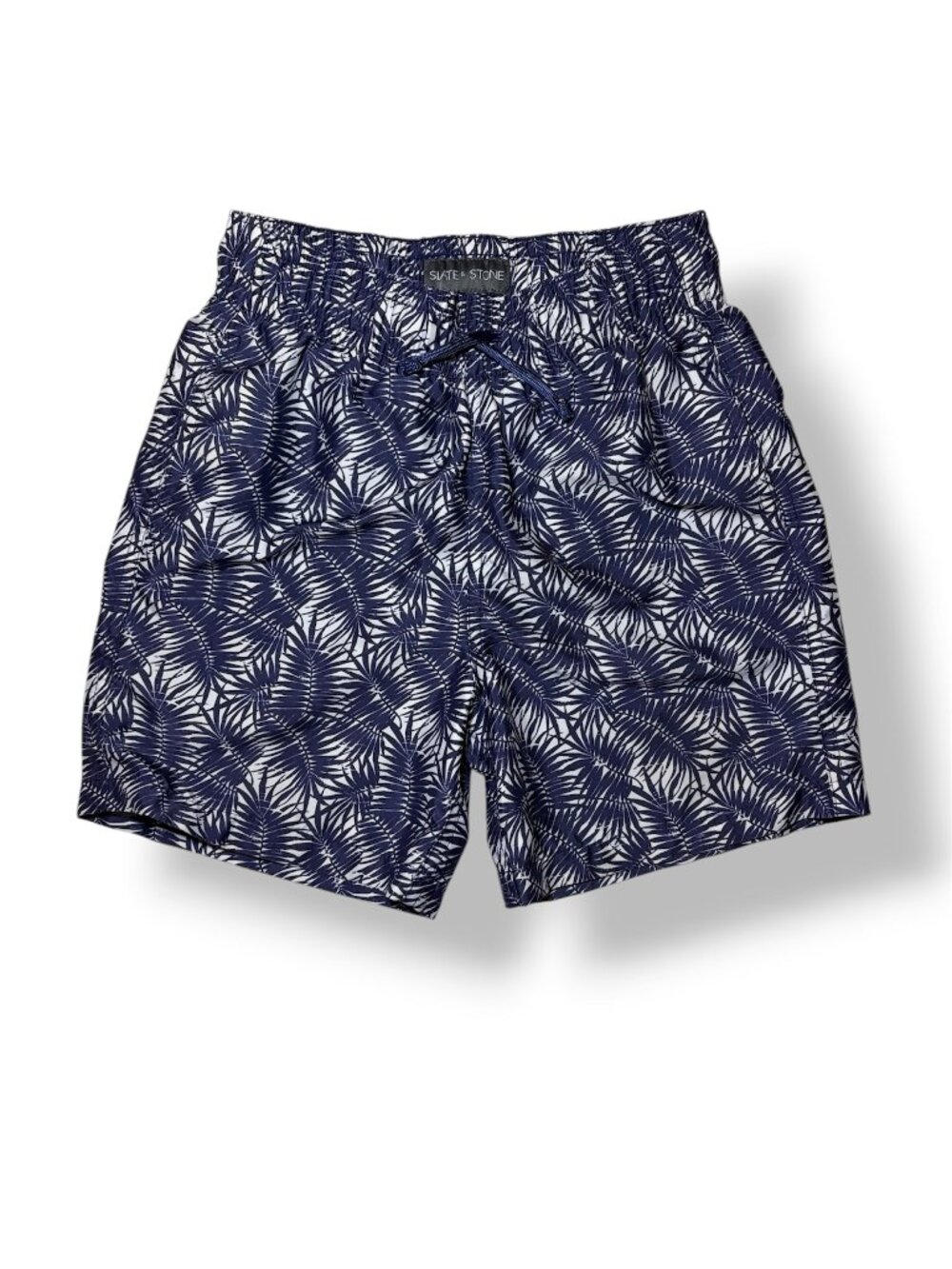 Slate & Stone Boys Swim Trunks navy white leaf pattern